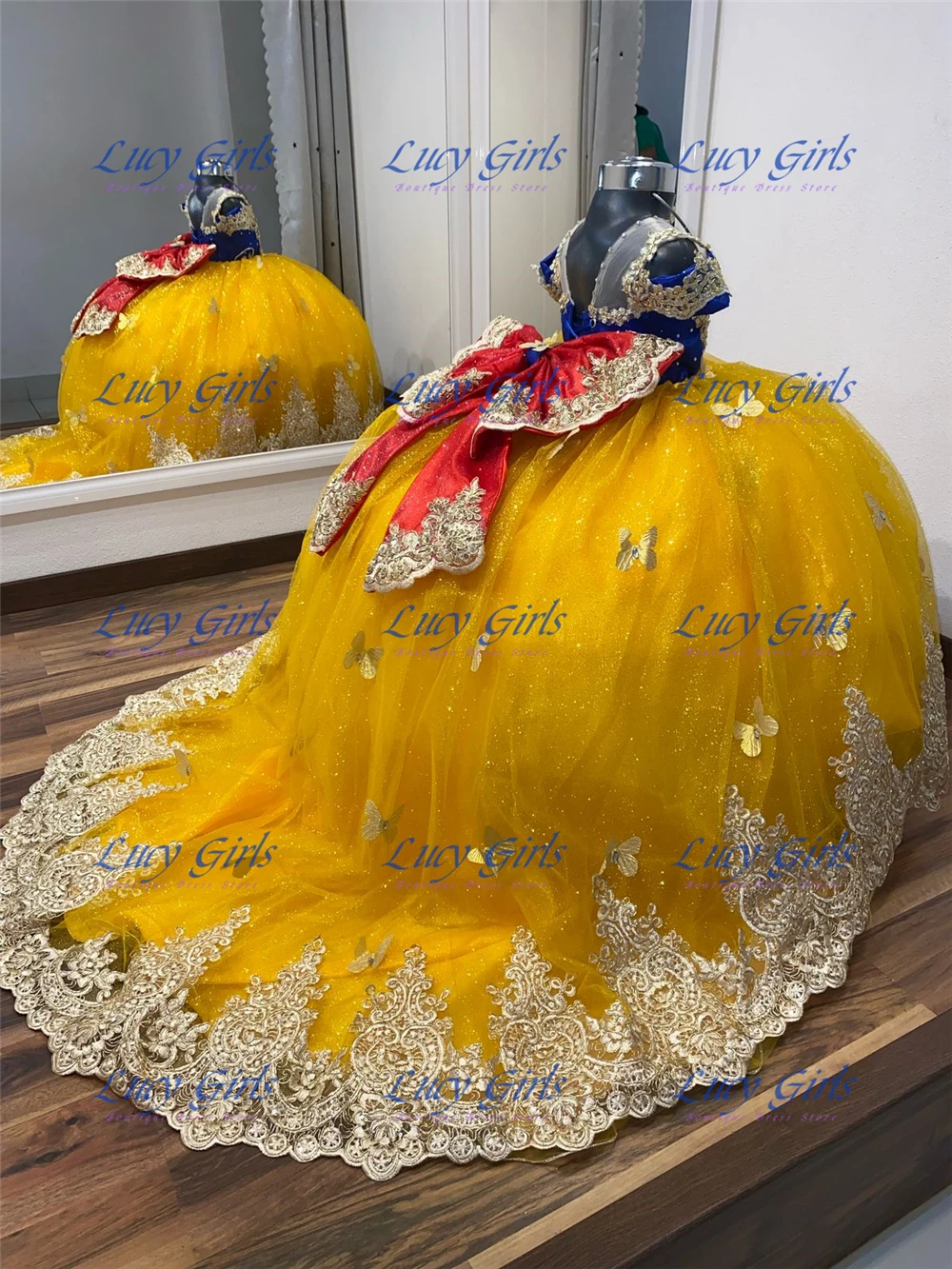 Embroidery Yellow Dress - Hochwertiges Blumenmädchenkleid mit Schmetterlingsapplikation, gelber Tüll,