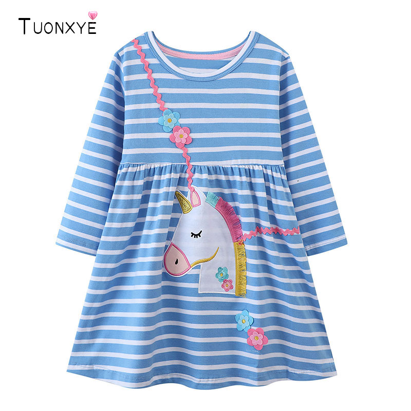 Embroidery Unicorn - TUONXYE Baumwollkleid für Mädchen, gestreift, niedliches