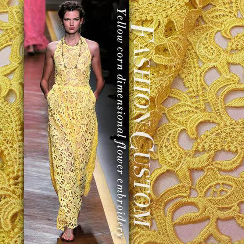 Embroidery Yellow Dress - High-End-Spitzenstoff, gelbe Stereo-Stickerei, goldene Blume, großer