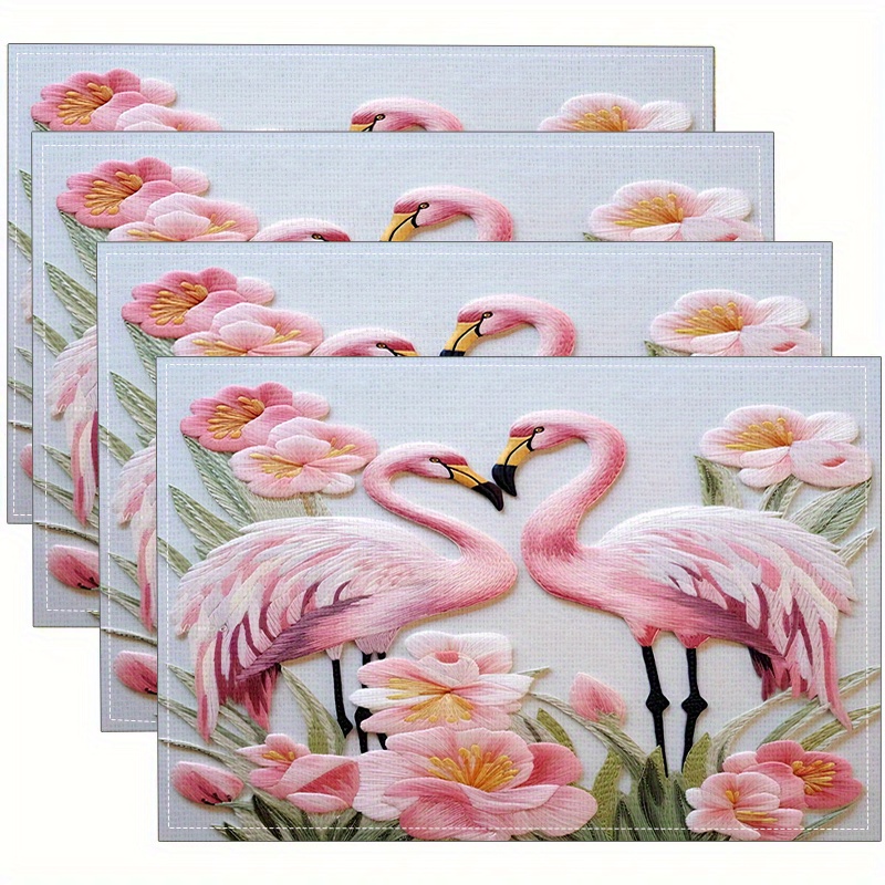 Embroidery Effect - Flamingo Rosa Blumenstickerei-Effekt Bedruckte Rechteckige Tischsets