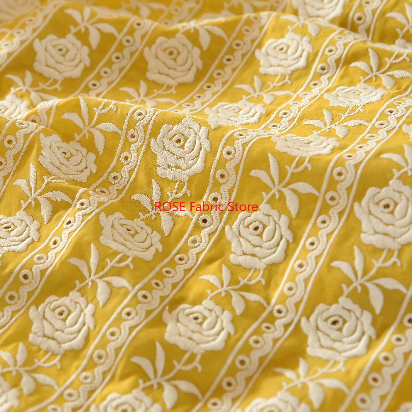Embroidery Yellow Dress - Französische Baumwolle, gelbe Rose, schwere Stickerei,