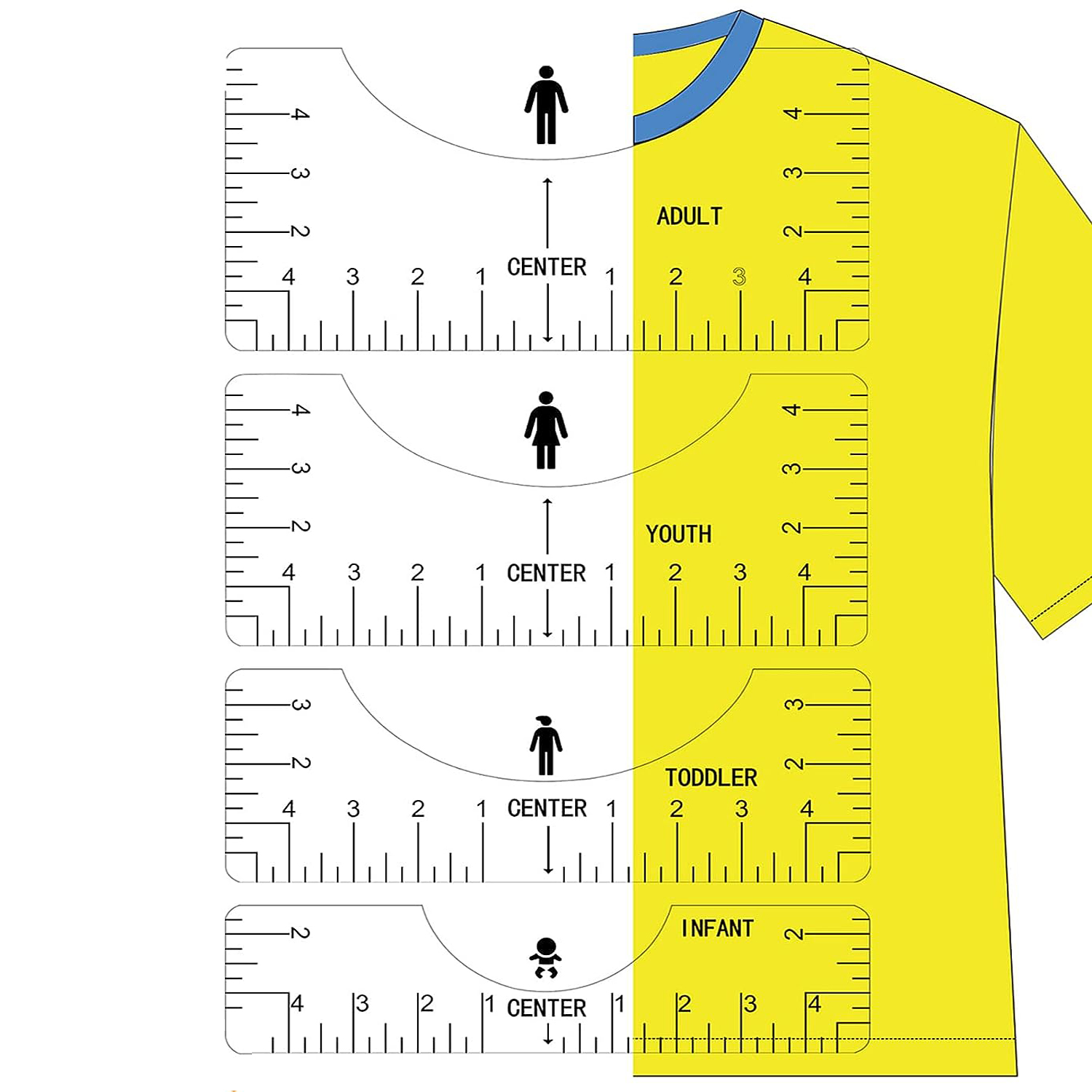Embroidery Hub - Transparentes 4-teiliges T-Shirt-Lineal-Führungs-Ausrichtungswerkzeug, T-Shirt-Lineale zur Mitte