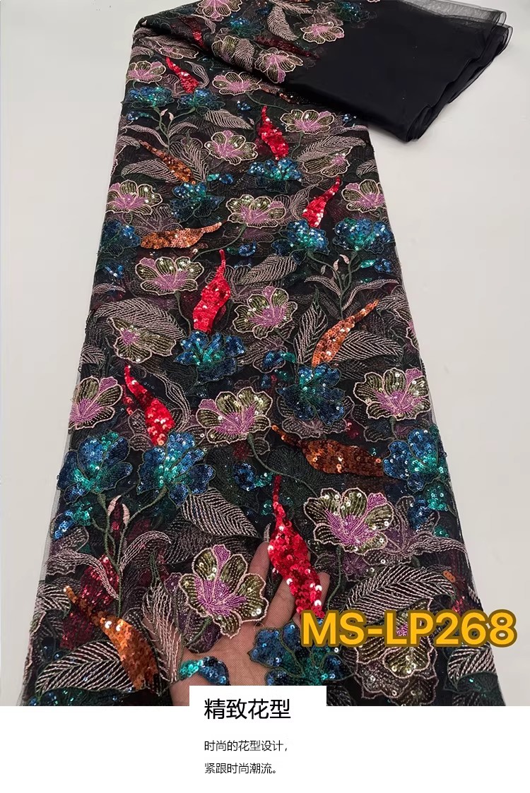 Embroidery Web - 1 Yard Luxuriöser, zweifarbiger Perlen-Blumen-Pailletten-Stickstoff für